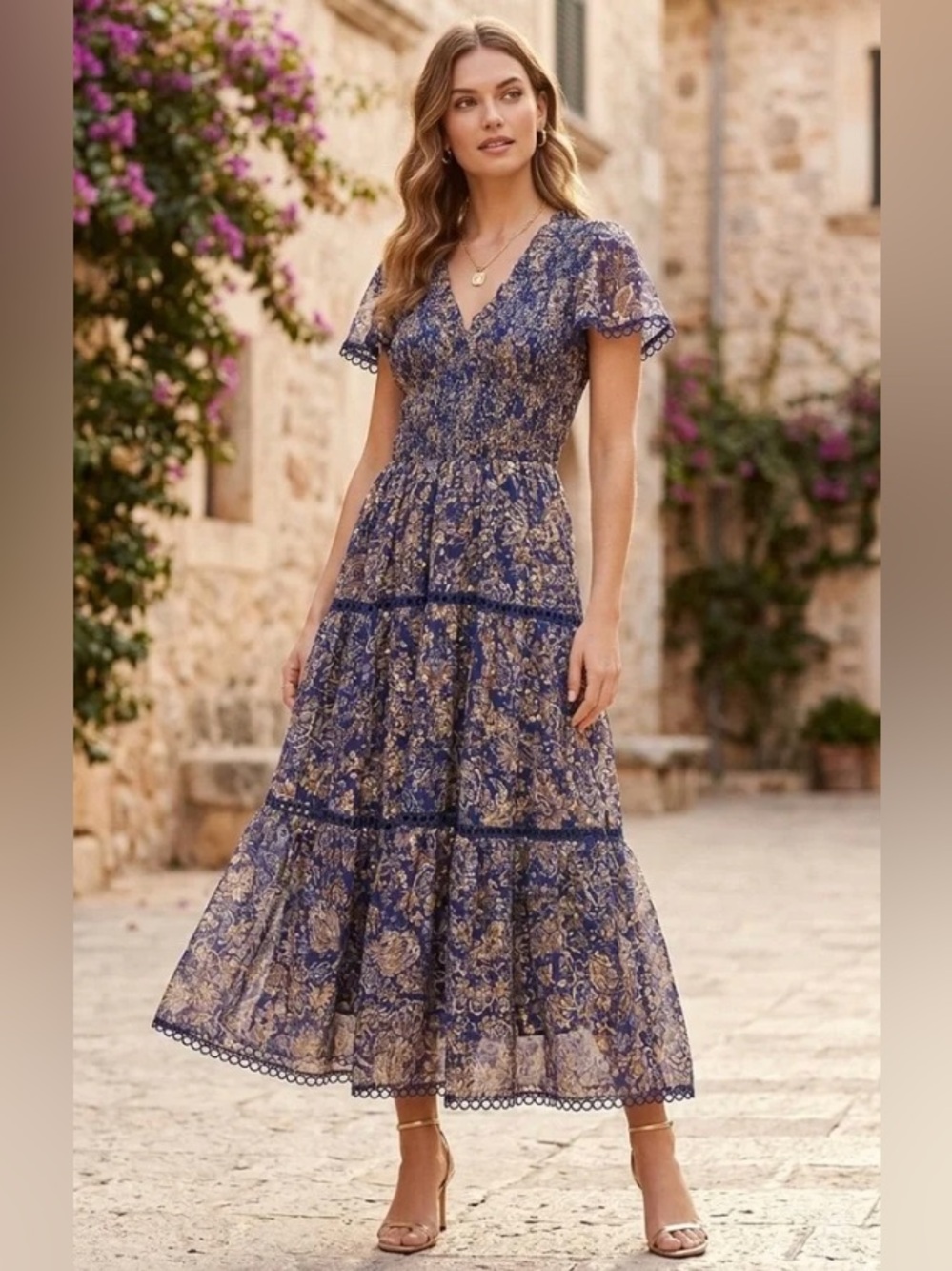 Aqua Navy Floral Smocked Midi Dress with Gold Accents